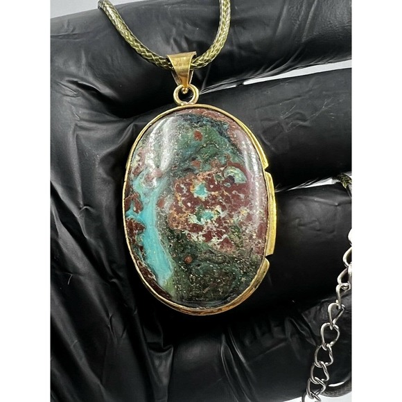 Natural Turquoise Pendant Metal Brass Handmade With Rope - Picture 3 of 11